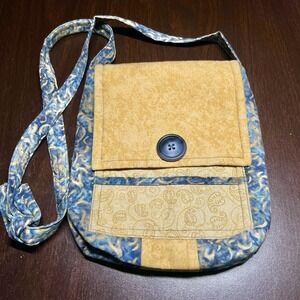 Handmade Fabric Crossbody Bag Blue Yellow Quilted Purse Tie Strap 9" X 8"